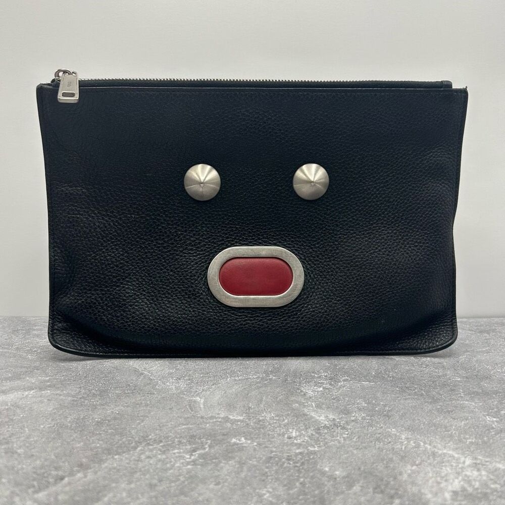 Fendi Faces Black Zip Leather Clutch Bag Mens Unisex 2016 Fall/Winter